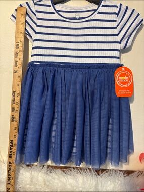 wonder nation White and Blue Striped Bodice with Blue Tulle Skirt Kids Dress